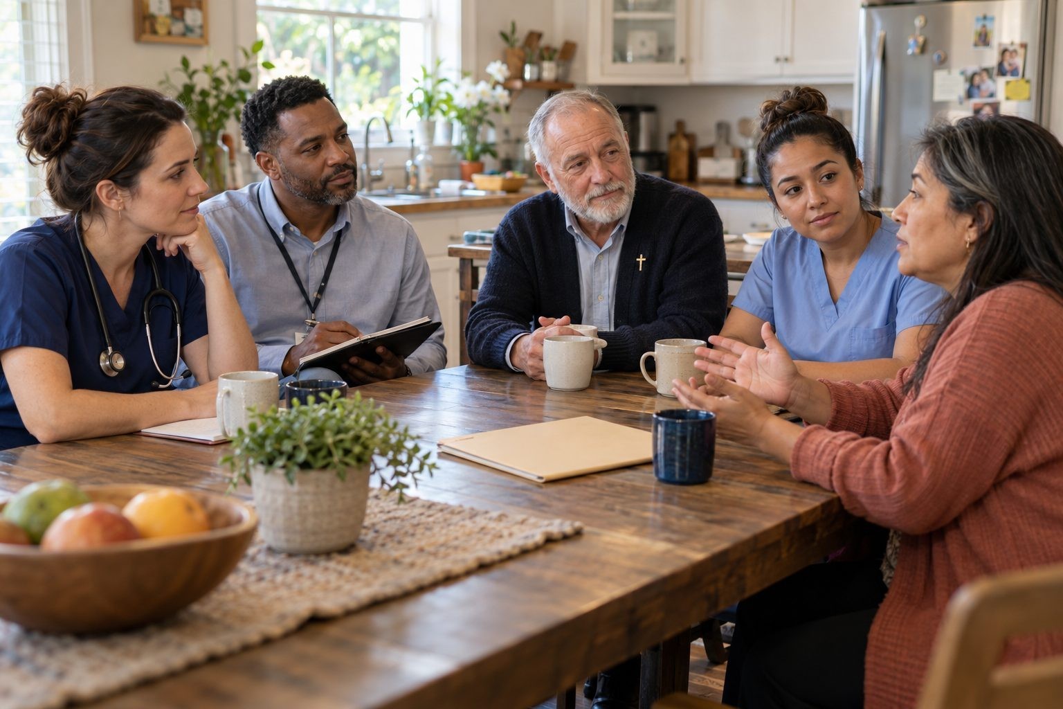 Members of a hospice team talking together around a kitchen table.